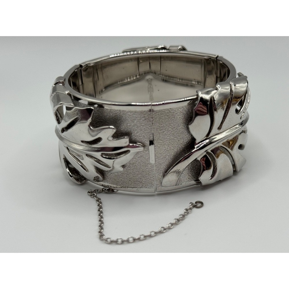 Vintage Whiting & Davis Bangle Bracelet Silver Tone Leaf Design Hinged READ